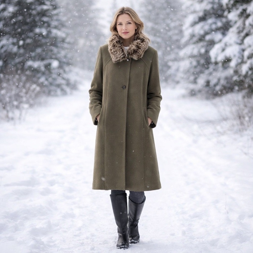 Vintage Nagy Helga Womens Wool Cashmere Faux Fur Trim Coat Olive Green Size 40 M